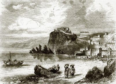 Le rocher et la ville de Scylla, côte de Sicile - English School